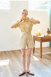 High-Waisted Linen Shorts with Tailored Button Detail